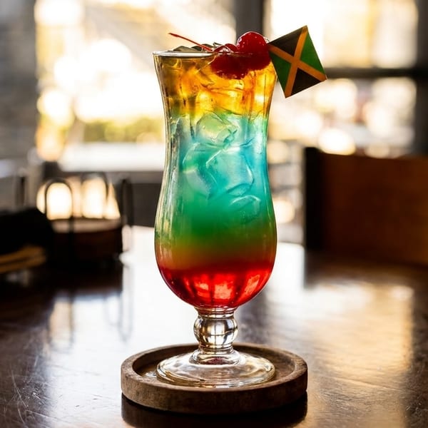 A vibrant, layered rainbow cocktail with cherries and a Jamaican flag on a wooden table.