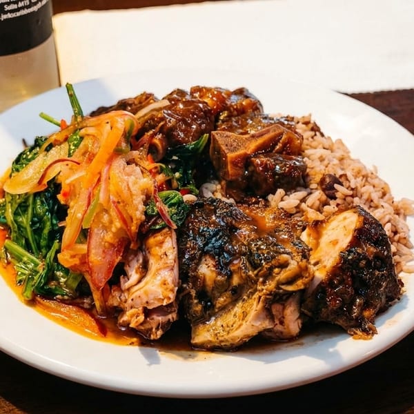A plate of jerk chicken, oxtail, rice and peas, and callaloo on a wooden table.