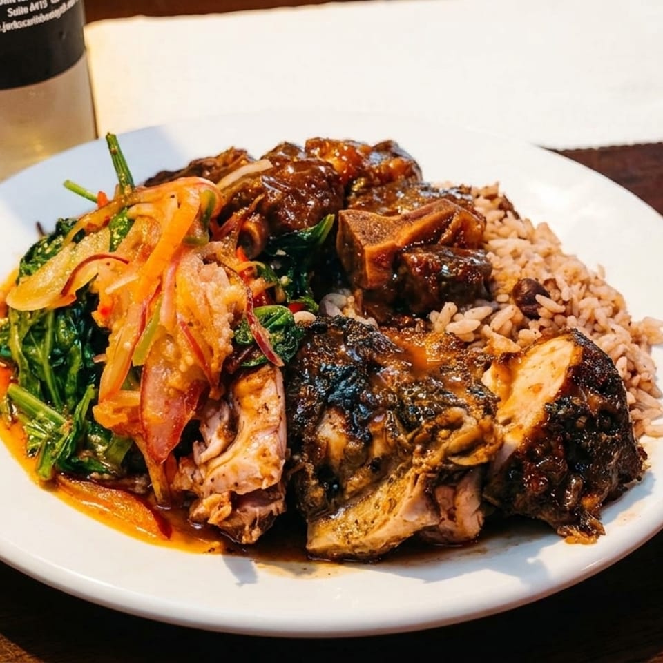 A plate of jerk chicken, oxtail, rice and peas, and callaloo on a wooden table.